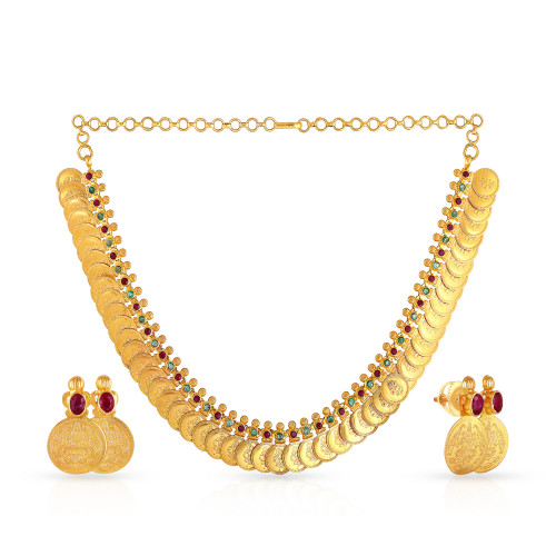 Precia Gemstone Studded Semi Long Gold Necklace Set NSANDAAAAABOUN