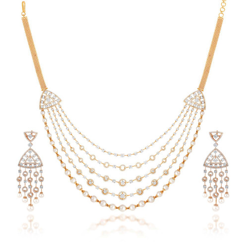 Mine Diamond Studded Semi Long Gold Necklace Set NSMBNK20178