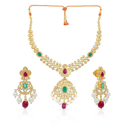 Era Uncut Diamond Studded Semi Long Gold Necklace Set NSNEERHDCESDA380