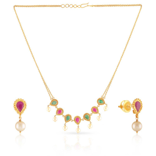 Precia Gemstone Studded Semi Long Gold Necklace Set NSSNGGM005