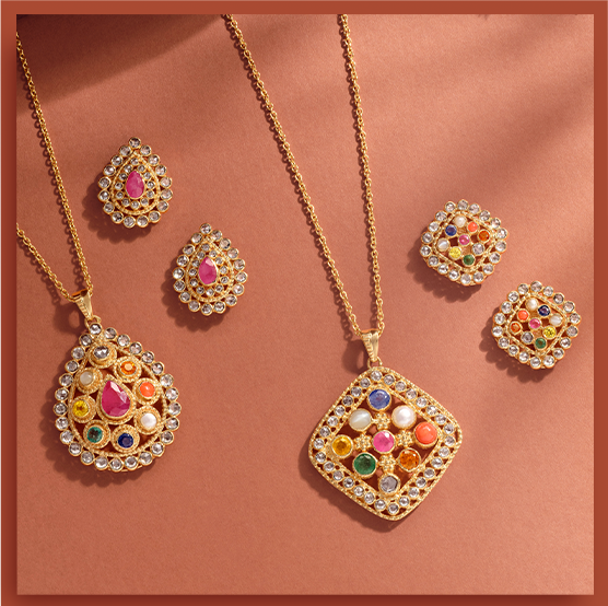 Floral Navratan Gold 22 Karat Necklace Set With Earrings – aabhushan  Jewelers